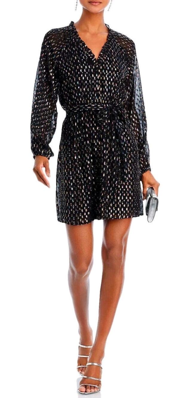 Aqua Metallic Shiny Abstract Rainbow Clip Line Dot Long Sleeve Mini Dress Medium